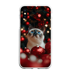 Чехол iPhone XS Max матовый Новогодняя белая пушистая сиамская кошка, цвет: 3D-белый