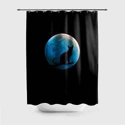 Шторка для душа Силуэт кота на фоне синей луны, цвет: 3D-принт