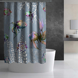 Шторка для душа Разноцветные акварельные рыбки и белые водоросли, цвет: 3D-принт — фото 2