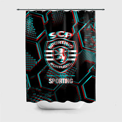 Шторка для душа Sporting FC в стиле Glitch на темном фоне, цвет: 3D-принт