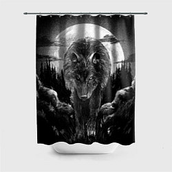 Шторка для душа Волк на фоне луны - рисунок карандашом, цвет: 3D-принт