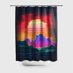 Шторка для душа Синтвейв неоновые горы на закате, цвет: 3D-принт