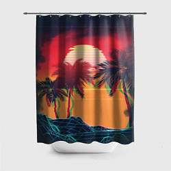 Шторка для душа Пальмы и пляж на закате с помехами VHS ретро дизай, цвет: 3D-принт