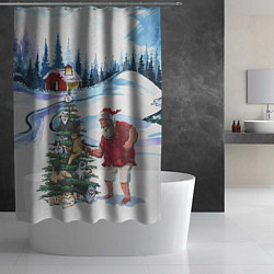 Шторка для душа Санта Клаус и ёлка с котами, цвет: 3D-принт — фото 2
