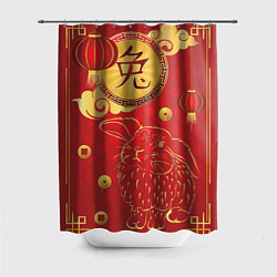 Шторка для душа Китайский иероглиф и золотой кролик на красном фон, цвет: 3D-принт