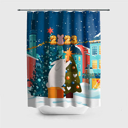 Шторка для душа Большой заяц наряжает елку, цвет: 3D-принт
