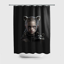 Шторка для душа Девочка и енот, цвет: 3D-принт