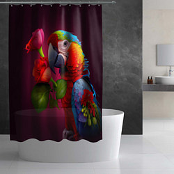 Шторка для душа Попугай ара с цветами, цвет: 3D-принт — фото 2