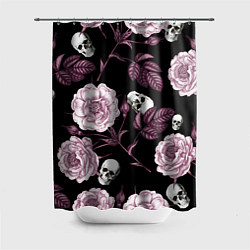 Шторка для душа Розовые цветы с черепами, цвет: 3D-принт
