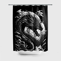 Шторка для душа Черно-белый дракон и волны, цвет: 3D-принт