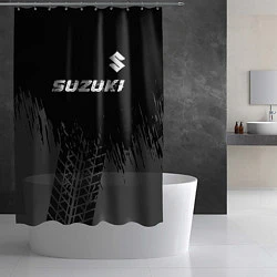 Шторка для душа Suzuki speed на темном фоне со следами шин: символ, цвет: 3D-принт — фото 2