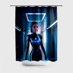 Шторка для душа Девушка биоробот на космической станции, цвет: 3D-принт