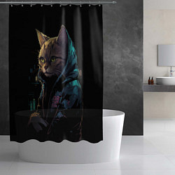 Шторка для душа Кот в стиле киберпанк, цвет: 3D-принт — фото 2