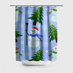 Шторка для душа Снеговики с новогодними елками паттерн, цвет: 3D-принт