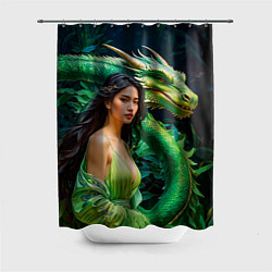 Шторка для душа Нейросеть - девушка с зелёным драконом, цвет: 3D-принт