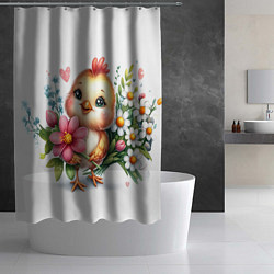 Шторка для душа Мультяшный цыпленок с цветами, цвет: 3D-принт — фото 2