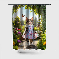 Шторка для душа Кошка в летнем платье в саду, цвет: 3D-принт