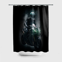 Шторка для душа Мотоциклист на спортивном байке черный фон, цвет: 3D-принт