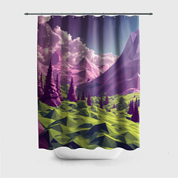 Шторка для душа Геометрический зеленый пейзаж и фиолетовые горы, цвет: 3D-принт