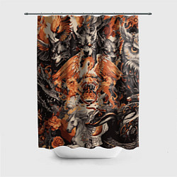 Шторка для душа Логотип Queen на фоне мифических животных, цвет: 3D-принт
