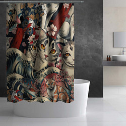 Шторка для душа Котики и рыбки в сакуре, цвет: 3D-принт — фото 2