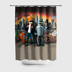 Шторка для душа Фрай и Бендер на фоне стены с граффити, цвет: 3D-принт