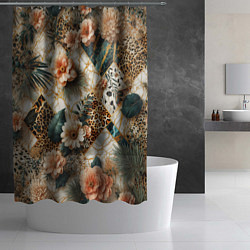 Шторка для душа Цветы на кусках мрамора и леопардовом узоре, цвет: 3D-принт — фото 2