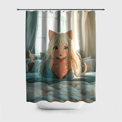 Шторка для душа Аниме девушка в кровати с сердцем, цвет: 3D-принт