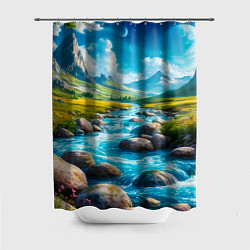 Шторка для душа Пейзаж художественный горы речка камни, цвет: 3D-принт