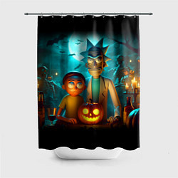 Шторка для душа Morty and Rick with pumpkin - neon halloween, цвет: 3D-принт