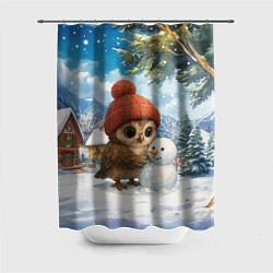 Шторка для душа Совушка в шапочке лепит снеговика, цвет: 3D-принт
