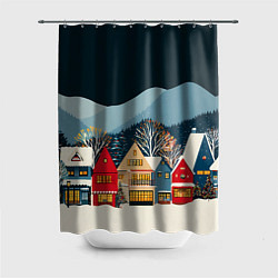 Шторка для душа Новогодний городок в горах, цвет: 3D-принт