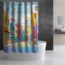 Шторка для душа Разноцветный новогодний дворик, цвет: 3D-принт — фото 2