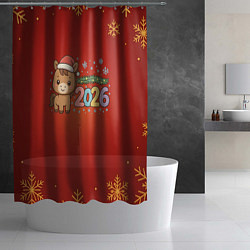 Шторка для душа Новогодняя лошадка 2026 на красном фоне, цвет: 3D-принт — фото 2