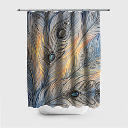 Шторка для душа Синие перья с самоцветами, цвет: 3D-принт