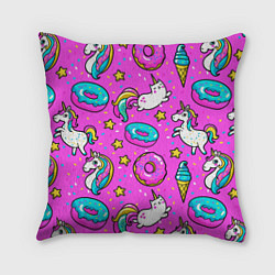 Подушка квадратная Единороги с пончиками, цвет: 3D-принт