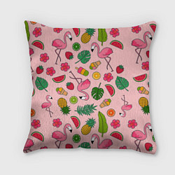 Подушка квадратная Фламинго Лето, цвет: 3D-принт
