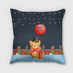 Подушка квадратная Новогодний тигренок с красным шариком, цвет: 3D-принт