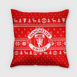 Подушка квадратная FC Manchester United: Новогодний узор, цвет: 3D-принт