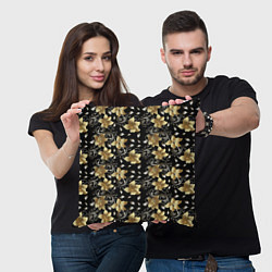 Подушка квадратная Золотые цветы на черном фоне, цвет: 3D-принт — фото 2