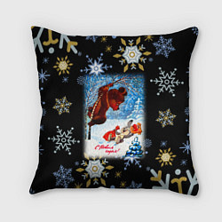 Подушка квадратная Новый год зайчик напугал мишку, цвет: 3D-принт