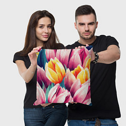 Подушка квадратная Букет акварельных тюльпанов, цвет: 3D-принт — фото 2