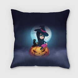 Подушка квадратная Маленькая прикольная ведьмочка с милым котёнком, цвет: 3D-принт