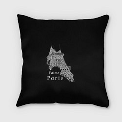 Подушка квадратная Эйфелева башня и надпись Я люблю Париж на черном ф, цвет: 3D-принт