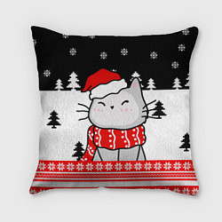 Подушка квадратная Новогодний свитер с котиком, цвет: 3D-принт