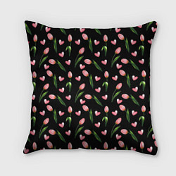 Подушка квадратная Тюльпаны и сердечки на черном - паттерн, цвет: 3D-принт