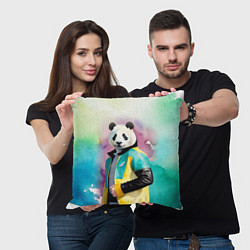 Подушка квадратная Прикольный панда в модной куртке, цвет: 3D-принт — фото 2
