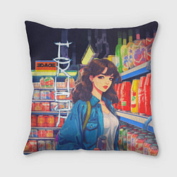 Подушка квадратная Crush - ретро девочка-аниме в магазине, цвет: 3D-принт
