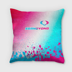 Подушка квадратная SsangYong neon gradient style: символ сверху, цвет: 3D-принт