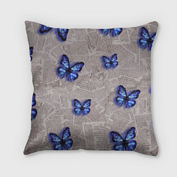 Подушка квадратная Газетные обрывки и синие бабочки, цвет: 3D-принт